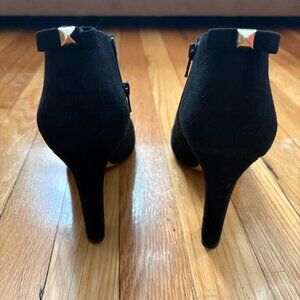 Kate Spade Black Suede Ankle Booties Gold Heel Back Bow EUC Size 10